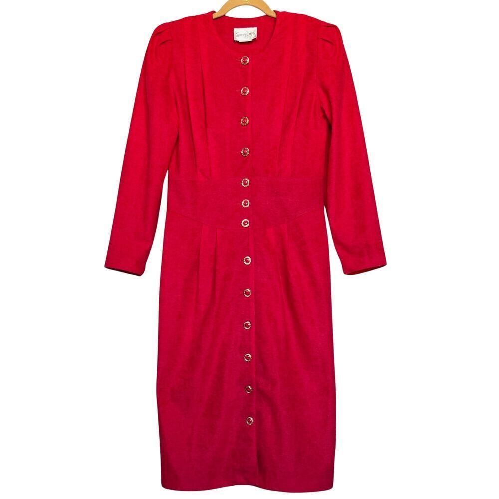 Vintage Success Dress Womens Size 10 Red Button Down Long Sleeves Pleated USA
